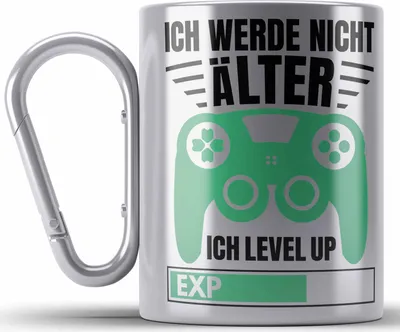 Produktbild von Trendation - Zocker Edelstahl Tasse Karabiner Geschenk Gamer Geschenkidee Lustiger Spruch Gaming Geburtstag Ich Level Up (Silber)