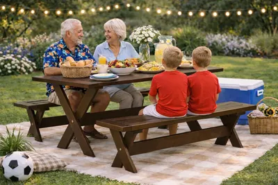 Immagine prodotto di Tavolo da giardino in stile moderno in legno marrone per picnic in famiglia sulla terrazza