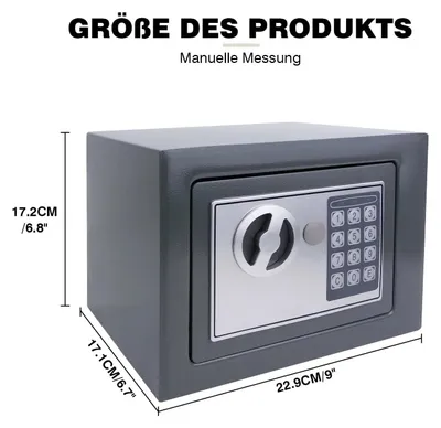 Immagine prodotto di Mini cassaforte elettronica, dimensioni 23x17x17 cm, con combinazione numerica e chiave, capacità 4,6 litri, adatta per l'installazione a parete o all'interno di un armadio, colore grigio