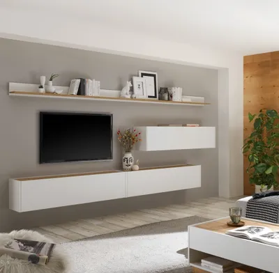 Produktbild von TV Wand hängend CRISP-61 in weiß mit Absetzungen in Wotan Eiche Nb., B/H/T: ca. 340/180/30 cm