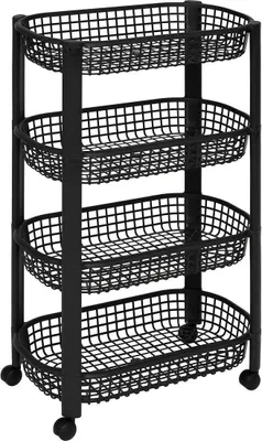 A black four-tier rolling cart with wire baskets.
