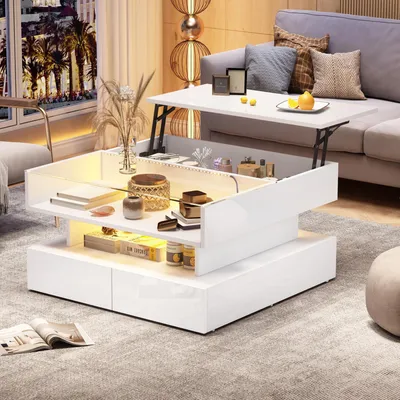 A modern living room scene with a white coffee table as the focal point.