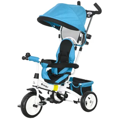 Produktbild von 6-in-1 Kinderdreirad(Blau)mit Schiebestange, Dach, Gurt, Ablagekorb, für 1-5 Jahre