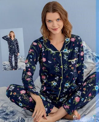 Immagine prodotto di Damen Pigiama Pigiama Schlafanzug Marineblau S Lang mit Knöpfen 2 Teiler S-80