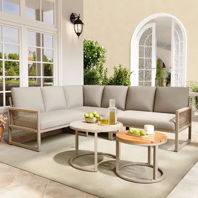Produktbild von Garten-Lounge-Set für 6-7 Personen – Ecksofa mit verzinktem Eisengestell, verstellbare Beine, inklusive aller Sitz- und Rückenkissen, Beige