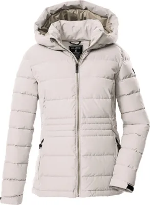 A white puffer jacket with a hood, shown front-on against a white background.