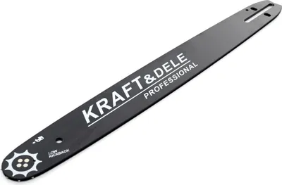 A black chainsaw guide bar with white text and markings, isolated on a white background.