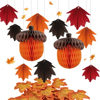 Herbstdeko-Set, 61-tlg., Ahornblätter, Wabenbälle, Haselnuss