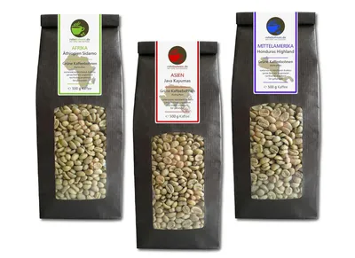 Obrázek produktu pro Surová káva – zelená káva z Etiopie, Jávy a Hondurasu, balíček hodnot 3x500 g