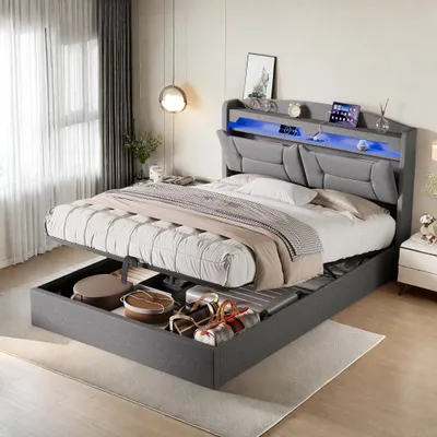 Produktbild von ProximaX Hydraulikbett 140×200 cm in Hellgrau – Leinenstoff, LED-Kopfteil mit USB & Ablage, Stauraum unter dem Bett – Für moderne Schlafzimmer