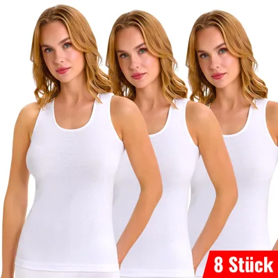 Produktbild von 8er Pack Damen Unterhemd Achselhemd Tank-Top Feinripp 100% Baumwolle Weiß Größe S bis 3XL