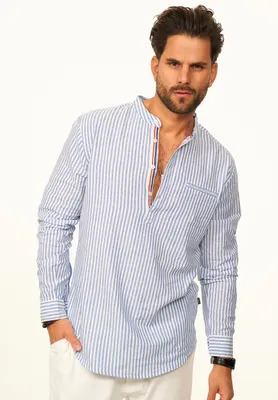 Produktbild von behype. Herren Langarmhemd Gestreift im Regular-Fit mit Henley-Stehkragen Herren Sommerhemd als Freizeithemd