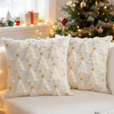 Zdjęcie produktu dla Zestaw 2 poszewek na poduszki 45x45 cm, białe, z pluszu, z motywem świątecznym