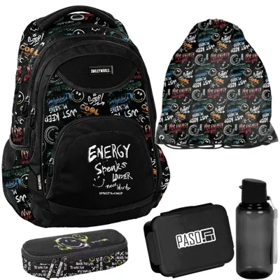 Produktbild von BeUniq Schulrucksack Set 5-teilig SMILEY für Jugendliche schwarz