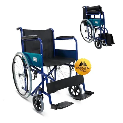 Produktbild von Rollstuhl Faltbar Mobiclinic Sitzfläche 46 cm Handbremse feste Arme und klappbare Fußstützen Farbe blau/schwarz Alcázar