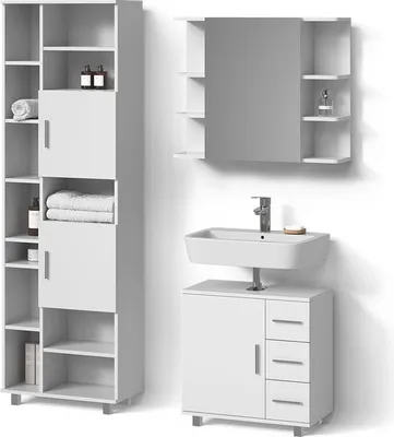 Image de Ensemble de meubles de salle de bains Livinity Eisak Blanc 3 pièces, avec armoire haute, Model 53044