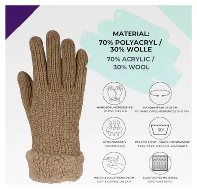 Produktbild von Damen Winterhandschuhe mit Perlmuster und Fleece, Thermo Strickhandschuhe, Fingerhandschuhe