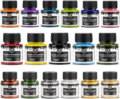 Produktbild von LM-Kreativ Porzellanfarbe Set 17 x 45 ml - Color Cosmos - Spülmaschinenfest, Glas- und Keramikfarbe, Ideal zum Tassen Bemalen & Keramik Bemalen