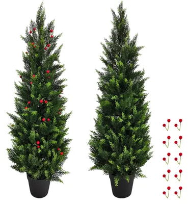 Image de Grand cèdre artificiel de 120 cm, plantes artificielles réalistes, petit sapin de Noël artificiel d'intérieur, décoration de Noël pour la véranda, pins artificiels (2 pièces)