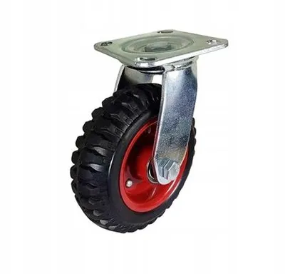 A single caster wheel with a black pneumatic tire and a red rim, mounted on a silver metal bracket.