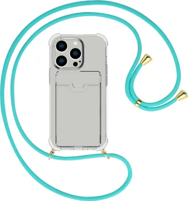 Produktbild von Handykette Backcover-Schutzhülle mit Band (Metall goldfarben) für Apple iPhone 15 Pro - türkis