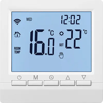 A digital thermostat with a blue LCD screen displaying temperature and time.