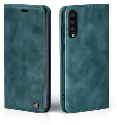 A teal flip case for a Samsung Galaxy A70 phone, shown from the front and back.