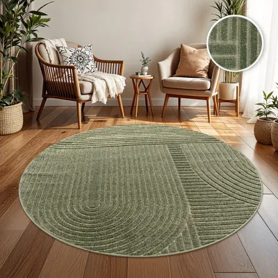 Produktbild von TT Home In-& Outdoorteppich Wetterfest Balkon Schlafzimmer Boho Skandi Motiv Unifarben Geometrische Optik Moderner Style Größe 160 cm Rund