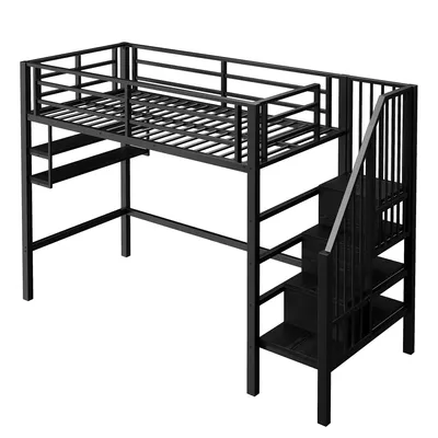 Produktbild von Flieks Etagenbett 90x200cm mit Treppe, Hochbett Metallbett mit Rausfallschutz, Kinderbett Jugendbett Einzelbett mit Regal, Stockbett Schwarz