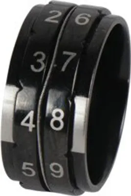A close-up studio shot of a black knitting stitch counter ring with silver numbers.