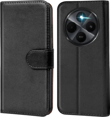 A black flip case for a smartphone is shown from the front and back.
