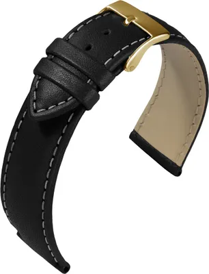 Produktbild von Eulit Taurus Uhrenarmband Leder schwarz weiße Naht gepolstert, Stegbreite:16mm, Schließe:Gelbgolden