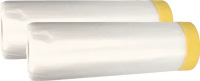 Two rolls of white plastic sheeting with yellow tape on the ends, likely for painting or renovation.