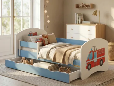 Produktbild von Blaues Kinderbett 140x70 komplett mit Rausfallschutz, Matratze und Bettschublade | Sicheres Kleinkinderbett mit Stauraum, Feuerwehrwagen