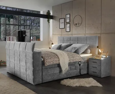 Produktbild von Boxspringbett 180x200 cm, mit TV-Halterung, mit Bettkasten und 2 Nachtschränken, Hotelbett in dark grey DURAZNO-09