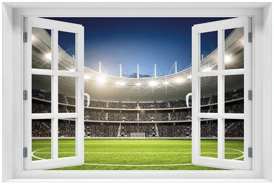 Produktbild von Wallario Premium Glasbild mit Fensterrahmen, freischwebende Optik, kräftige Farben, Größe 60 x 90 cm Motiv Fußballstadion Mittellinie