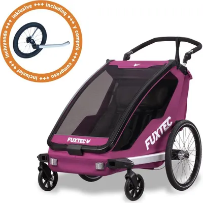 Produktbild von FUXTEC Fahrradanhänger/Jogger FX-FA1-SET-PURPUR -  inklusive Jogger-Rad | Buggyfunktion |Faltbar | 5-Punkt-Gurtsystem | Insektennetz
