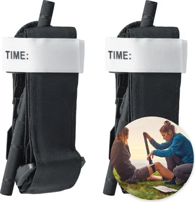 Two black tourniquets are shown, one on the left and one on the right. The right tourniquet is accompanied by a circular inset image showing a person applying a tourniquet to another person's leg.