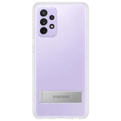 A clear, professional studio shot of the back of a transparent purple phone case with a built-in kickstand.