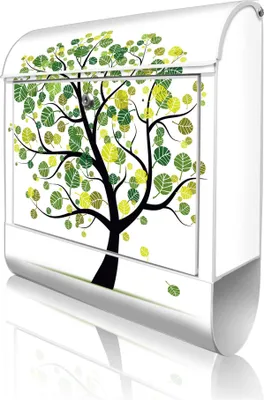 Produktbild von banjado Design Briefkasten Stahl weiß mit Zeitungsfach pulverbeschichtet "Laubzauberbaum" 38x46x12,5cm & 2 Schlüssel - Postkasten A4 Einwurf inkl. Montagematerial [BKW 10347]
