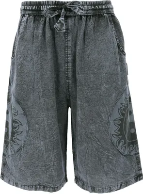 Produktbild von Ethno Yogashorts, Stonwasch Patchwork Shorts mit Yin Yang Print - Grau, Herren, Baumwolle, Größe: L