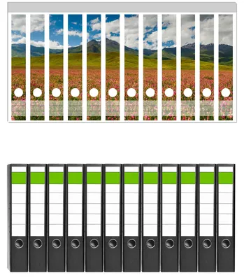 Produktbild von Wallario 12 Stück schmale Ordner inkl. Klebeetiketten mit Motive Berglandschaft im Sommer -  Set mit Rückenschildern / Ordnerrücken Stickern
