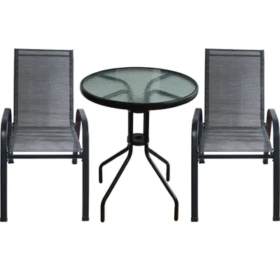 Produktbild von TONIO Balkonmöbelset, 2-Sitzer, Outdoor-Tisch und 2 Stühle, schwarz, stapelbare Stühle, Gartenmöbelset