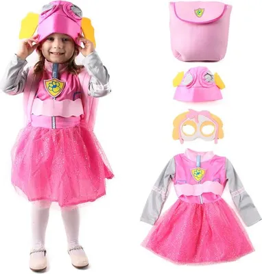 A child wearing a Skye costume from Paw Patrol, with individual costume components displayed separately.