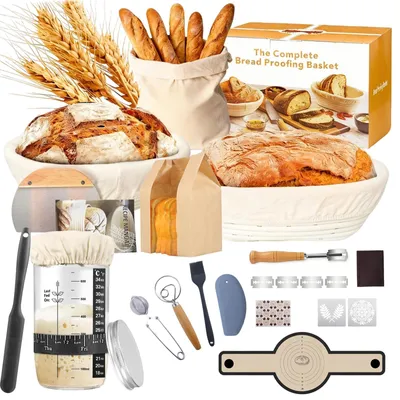 Sauerteig-Set mit 2 Gärkörben, 25 cm rund & 23 cm oval, 22-teilig