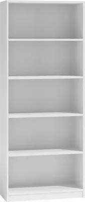 A white, five-shelf bookcase is shown against a white background.