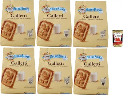 Produktbild von Mulino Bianco Galletti, Biscotti con latte 100% italiano, Kekse Mit frischer Milch 100% Italienisch, Palmölfreies, leckeres Frühstück, 6x 800 g + Italian Gourmet polpa 400g