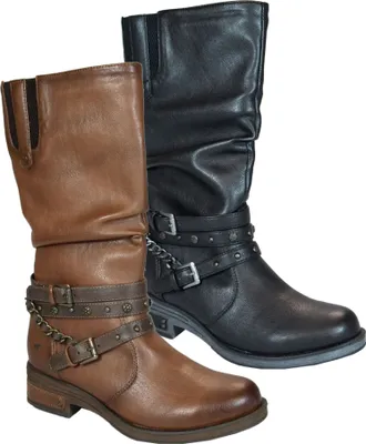 Produktbild von Mustang Damen Stiefel Langschaft Zierriemen mit Schnallen Kette 1293-523, Größe:41 EU, Farbe:Schwarz