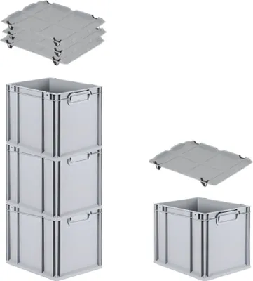 Produktbild von SuperSparSet 4x Eurobox NextGen Economy mit Auflagedeckel und 4x Schiebeschnappverschlüsse Schwarz | Griffe geschlossen | HxBxT 32x30x40cm | 30 Liter | Eurobehälter, Transportbox, Transportbehälter, Stapelbehälter