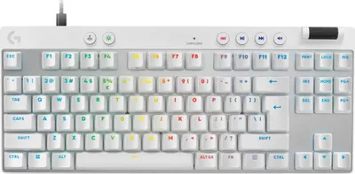 A top-down view of a white Logitech G PRO X TKL keyboard.
